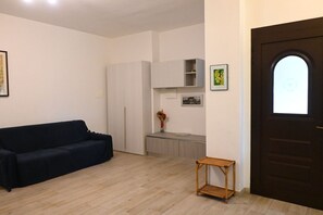 Une pièce avec un canapé de couleur sombre, une petite table en bois, une armoire, un coin cuisine et une porte en bois foncé.