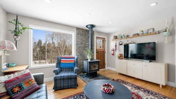 A modern living room with a fireplace, a television, and a large window overlooking a snowy landscape.
