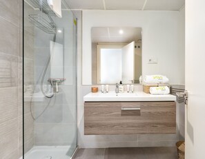 Douche, séchoir à cheveux, serviettes fournies, savon
