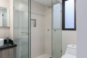 Hair dryer, towels, soap, toilet paper