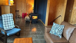 A cozy living room with a fireplace, wooden walls, a blue chair, a brown sofa, and a dining area with a table and chairs.