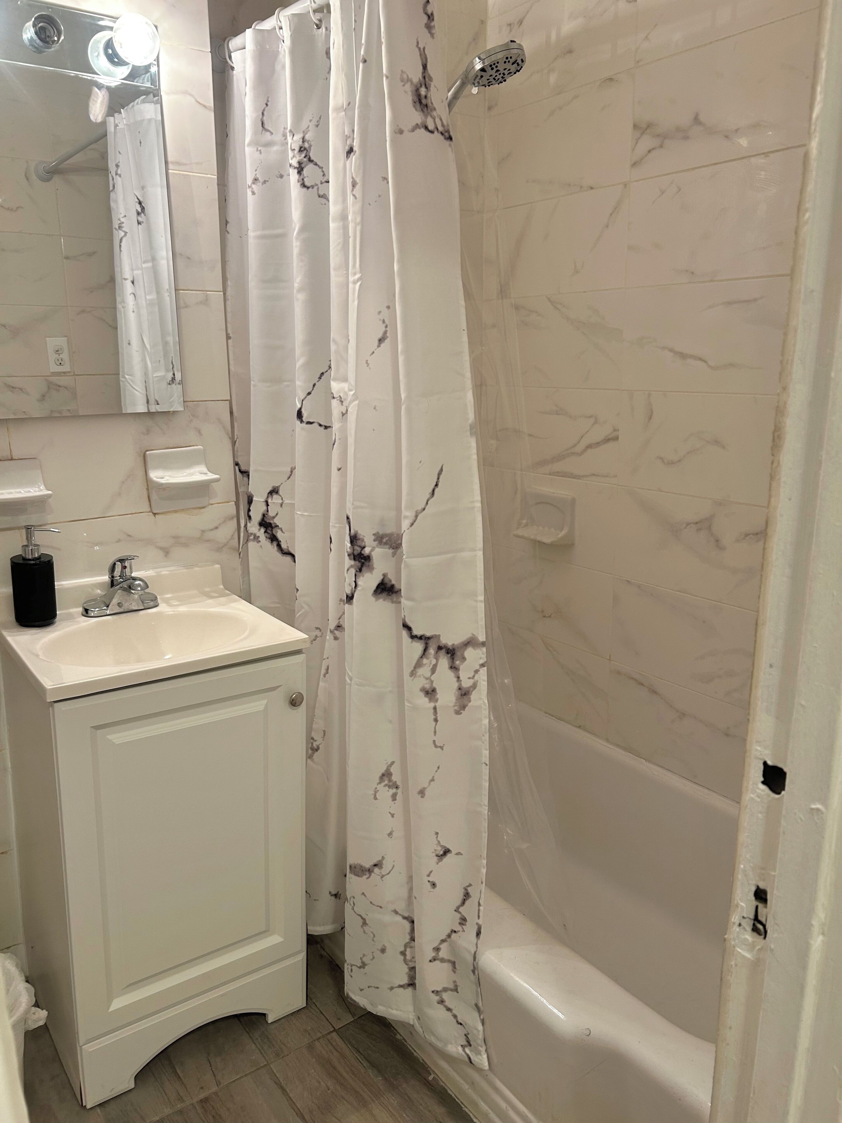 Hair dryer, towels, soap, shampoo