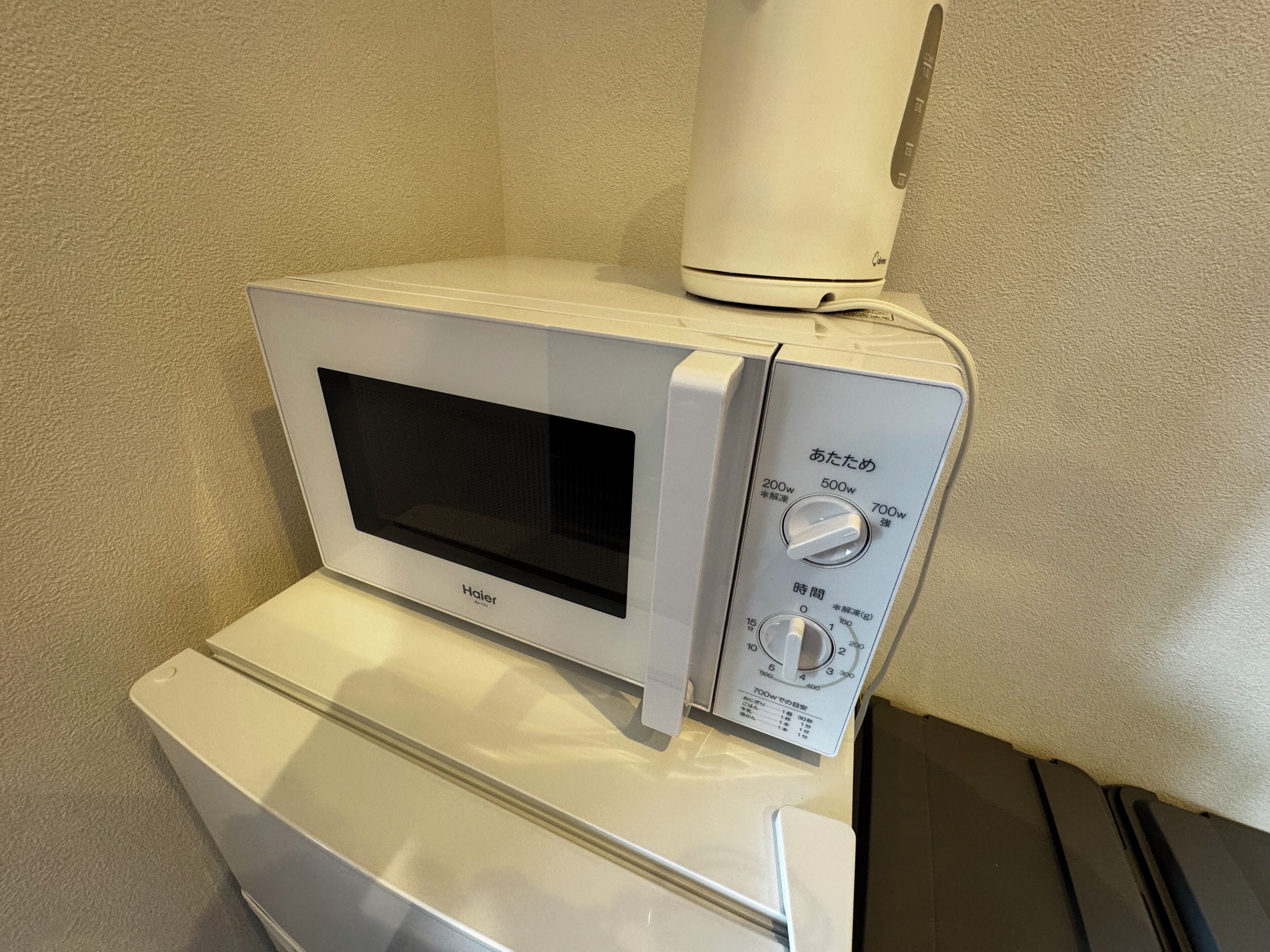 Een compacte magnetron met een digitaal bedieningspaneel, geplaatst op een wit aanrecht.