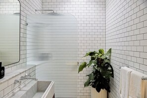 Douche, sèche-cheveux, serviettes fournies, savon