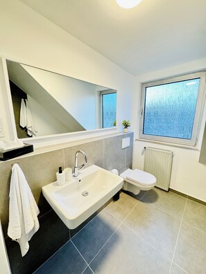 Hair dryer, towels, soap, toilet paper