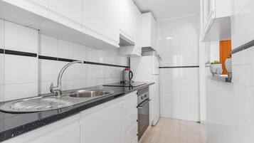 Kühlschrank, Mikrowelle, Herdplatte, Kochgeschirr/Geschirr/Besteck