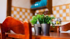Una mesa de comedor con dos plantas en macetas y una silla.