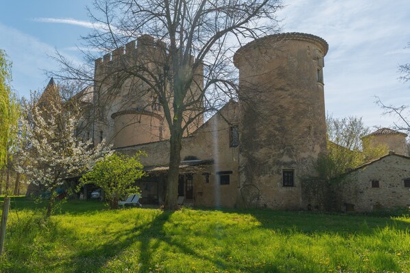 Un edificio histórico con un patio, un árbol grande y una construcción pequeña al frente.