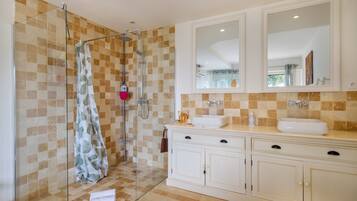 Shower, hair dryer, towels