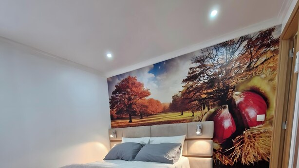 Une chambre à coucher comprenant un lit, une table de chevet, une lampe fixée au mur et une fresque représentant des arbres d’automne.