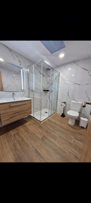 Shower, hair dryer, towels