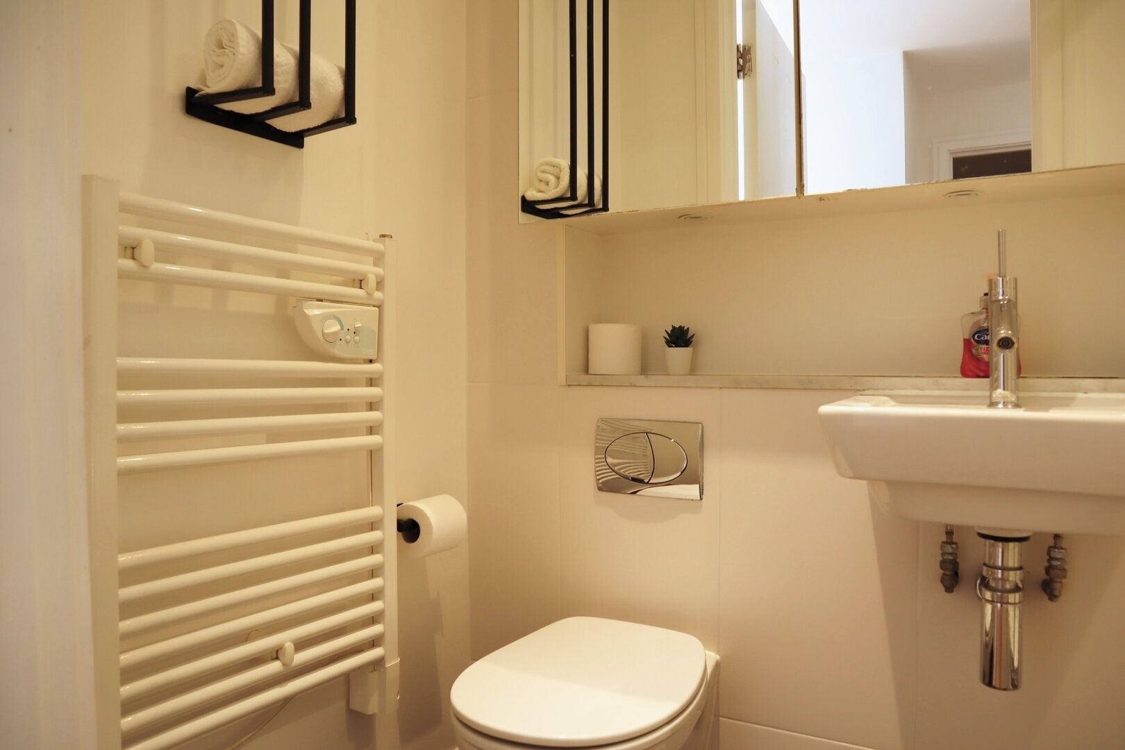 A bathroom with a toilet, a radiator, a sink, and a mirror.