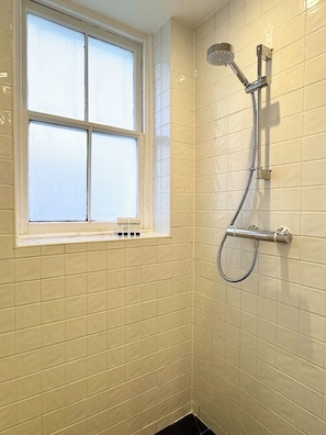 Hair dryer, towels, soap, shampoo