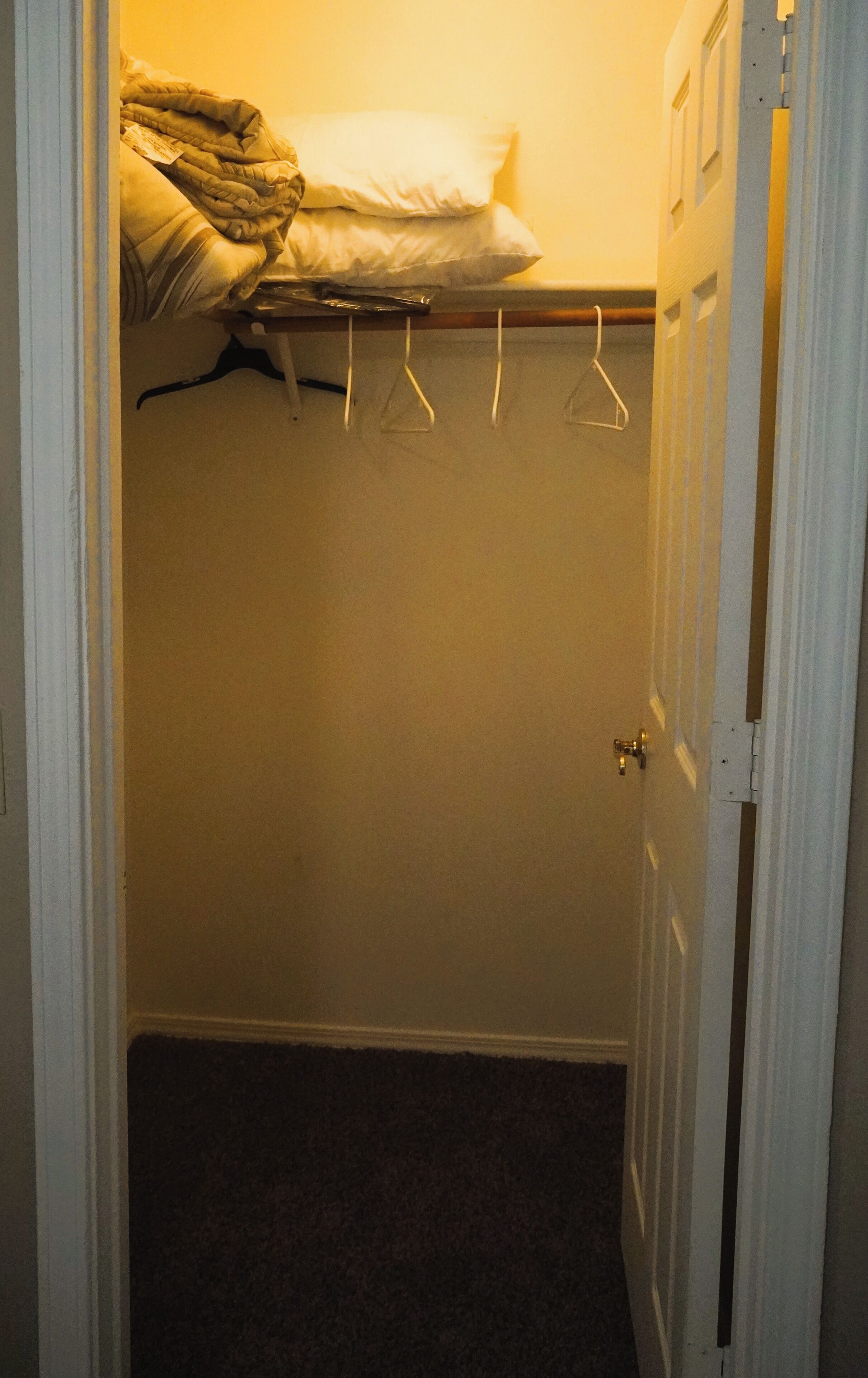 A narrow walk-in closet with a bed at the top, a door on the right, and a coat rack with hangers.