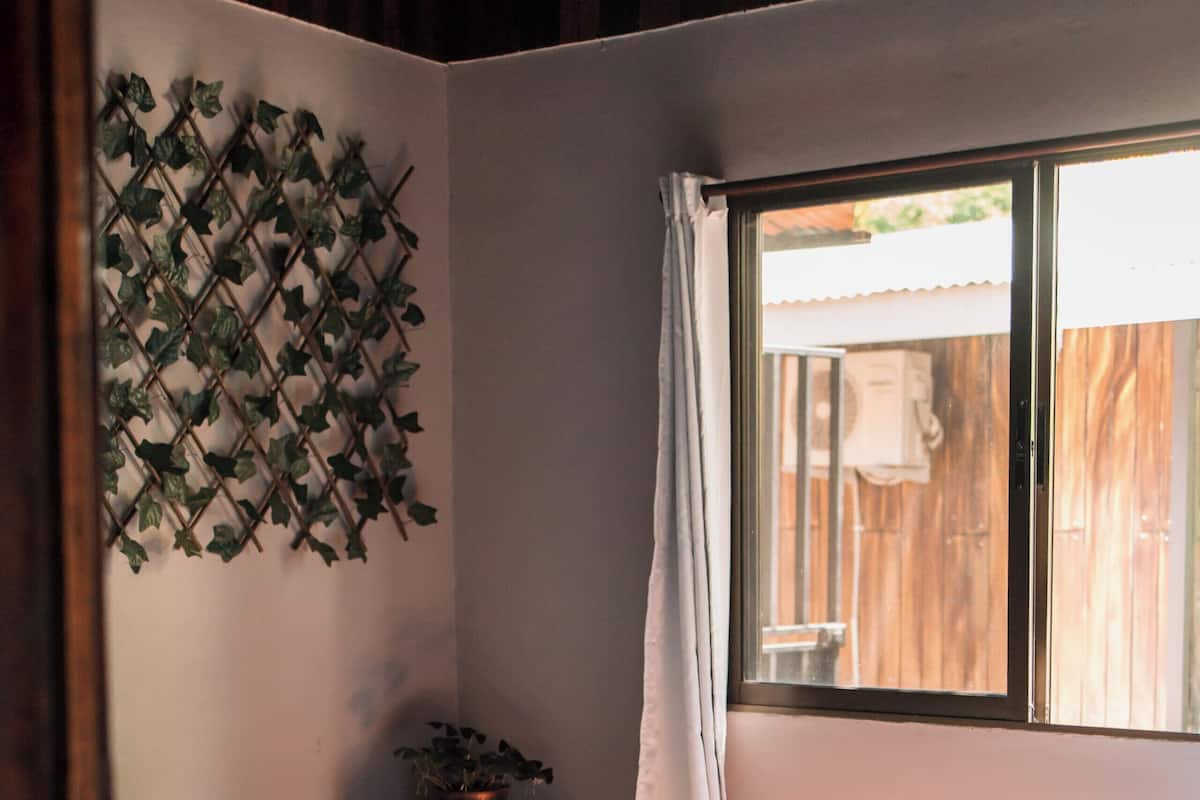Un dormitorio con cama, planta en maceta, ventana con cortinas y planta colgante en la pared.