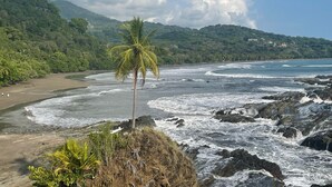 A beach with rocky waves, a palm tree, and a forested hillside. - Dominical Long Term Rental (Bahía Ballena)