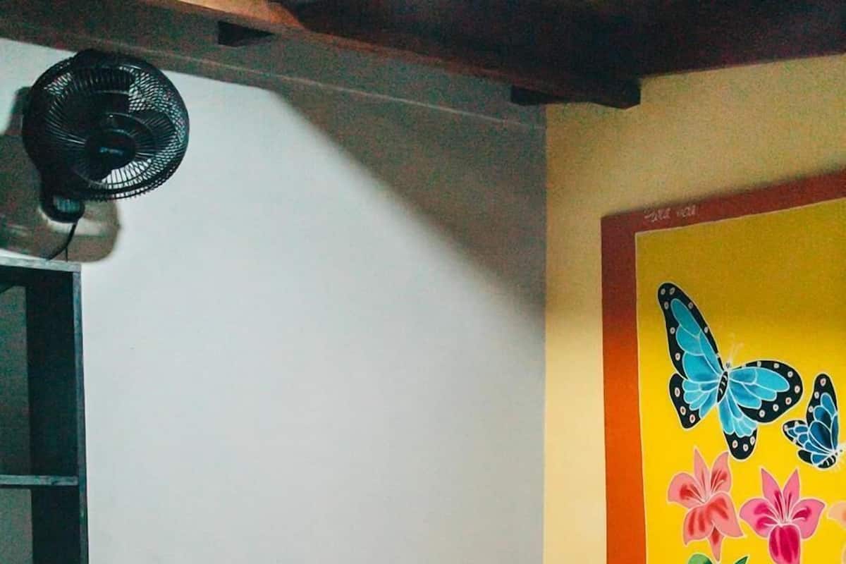 Una habitación pequeña con cama individual, colchón blanco, almohada a cuadros, un ventilador negro y un cuadro de una mariposa colorida en la pared.