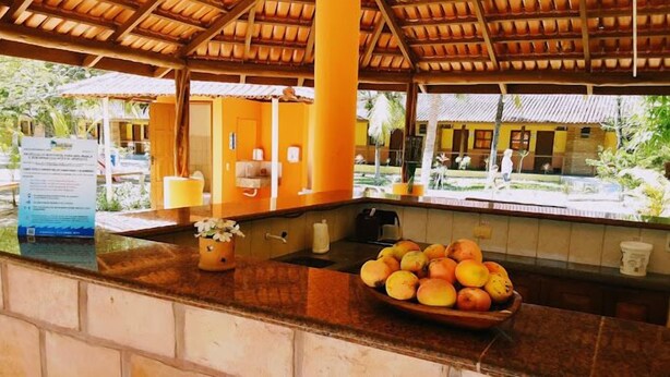 A kitchen area with a fruit bowl, a sink, and a potted plant. - Patipe Praia Hotel (Canavieiras)