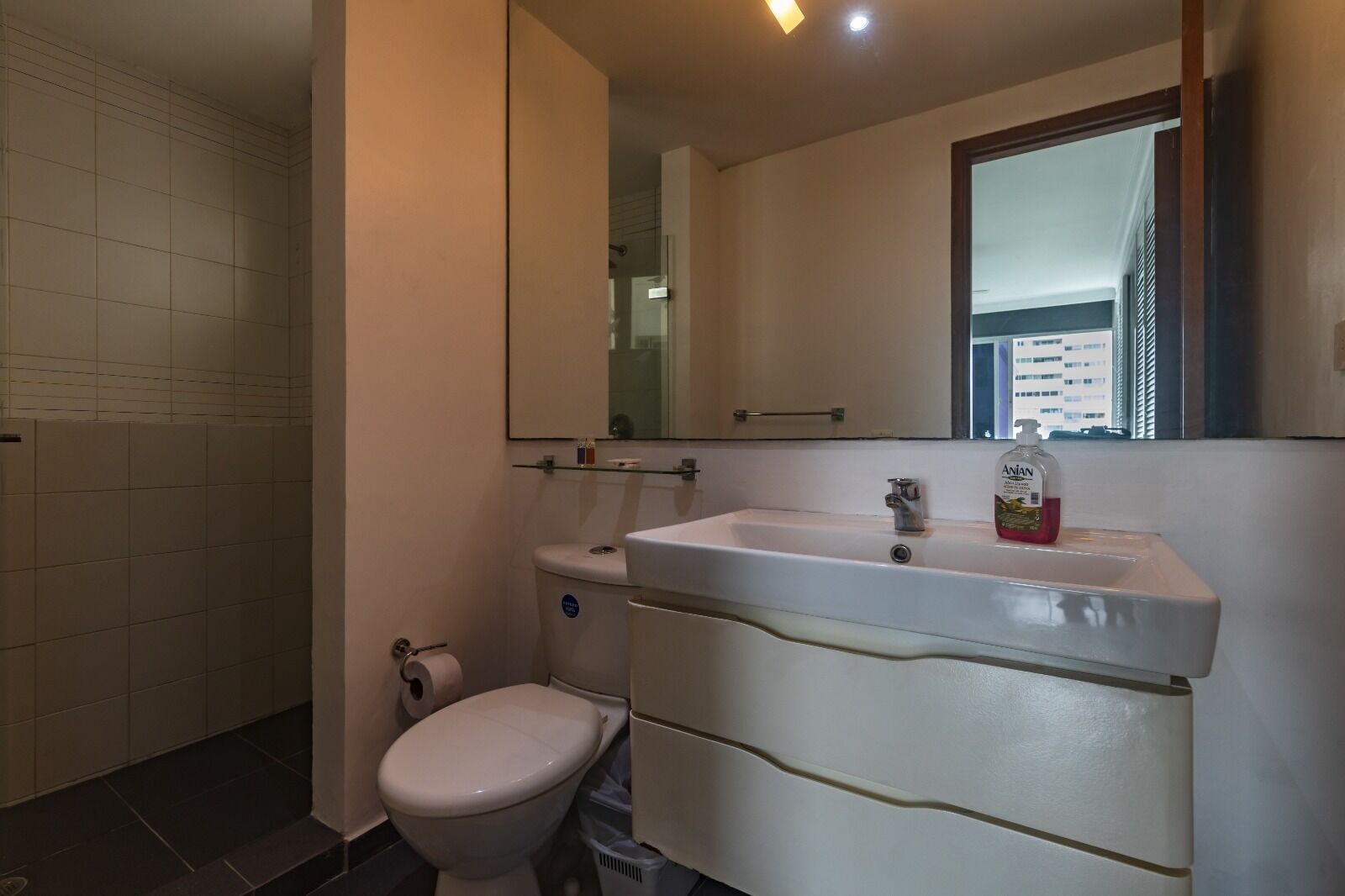 A bathroom with a toilet, sink, and mirror.