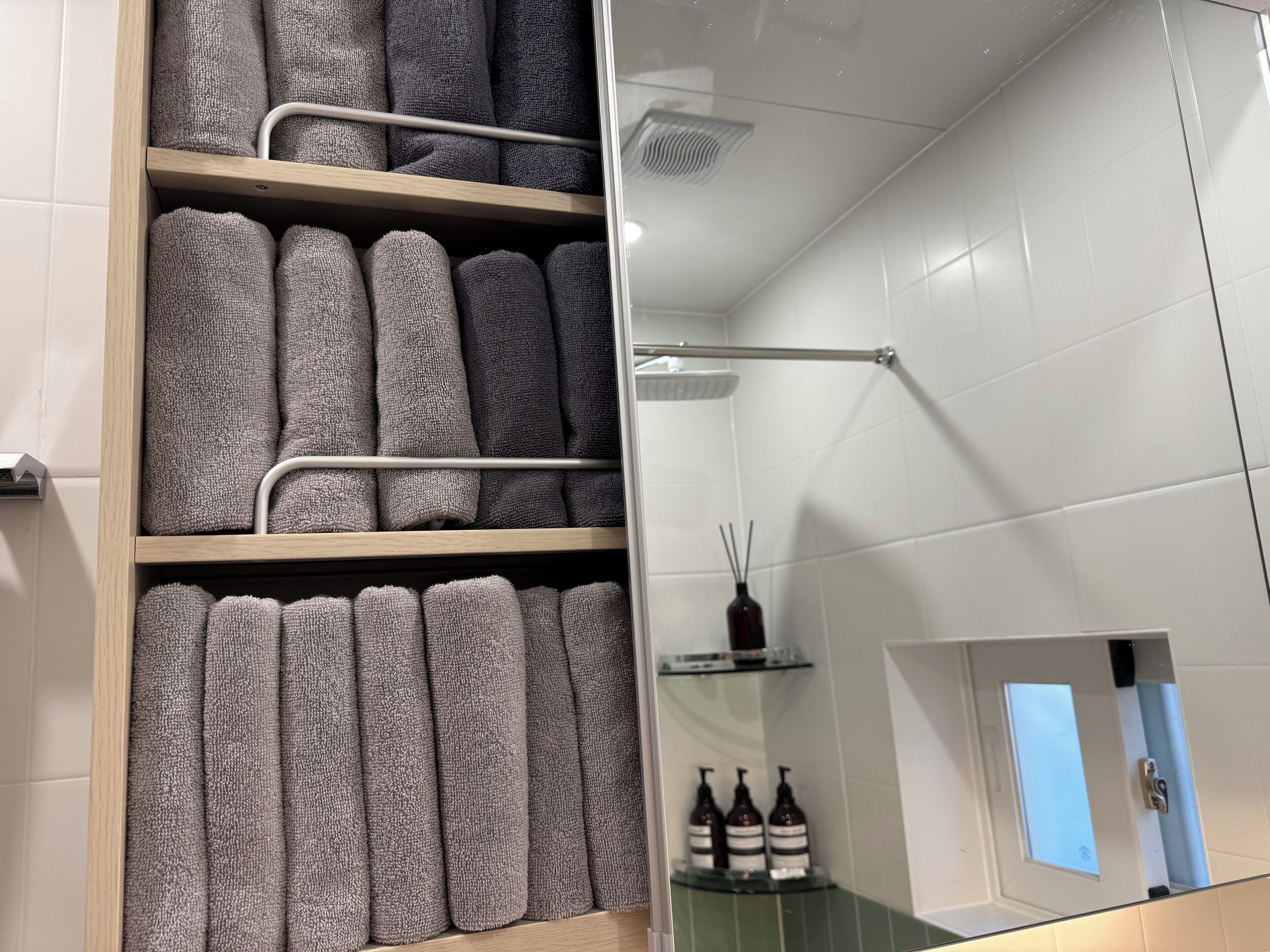 Shower, hair dryer, bidet, towels