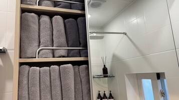 Shower, hair dryer, bidet, towels