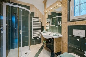 Shower, hair dryer, towels