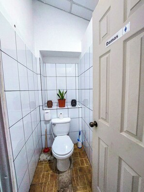 A small, tiled bathroom with a toilet, a sink, and a potted plant.