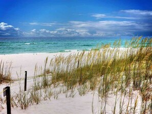 Une plage avec du sable et de l’herbe au premier plan, et un ciel bleu clair avec des nuages en arrière-plan.