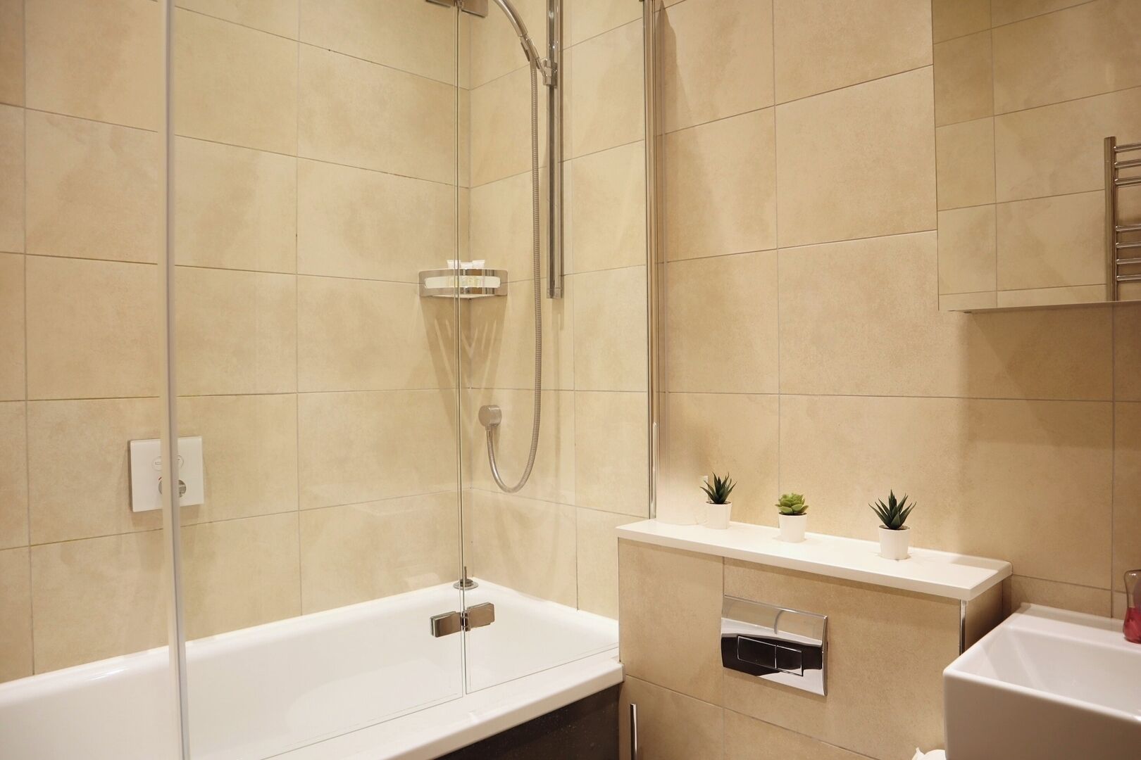 A modern bathroom with a walk-in shower, a white bathtub, and a vanity with a sink and a small shelf with plants.