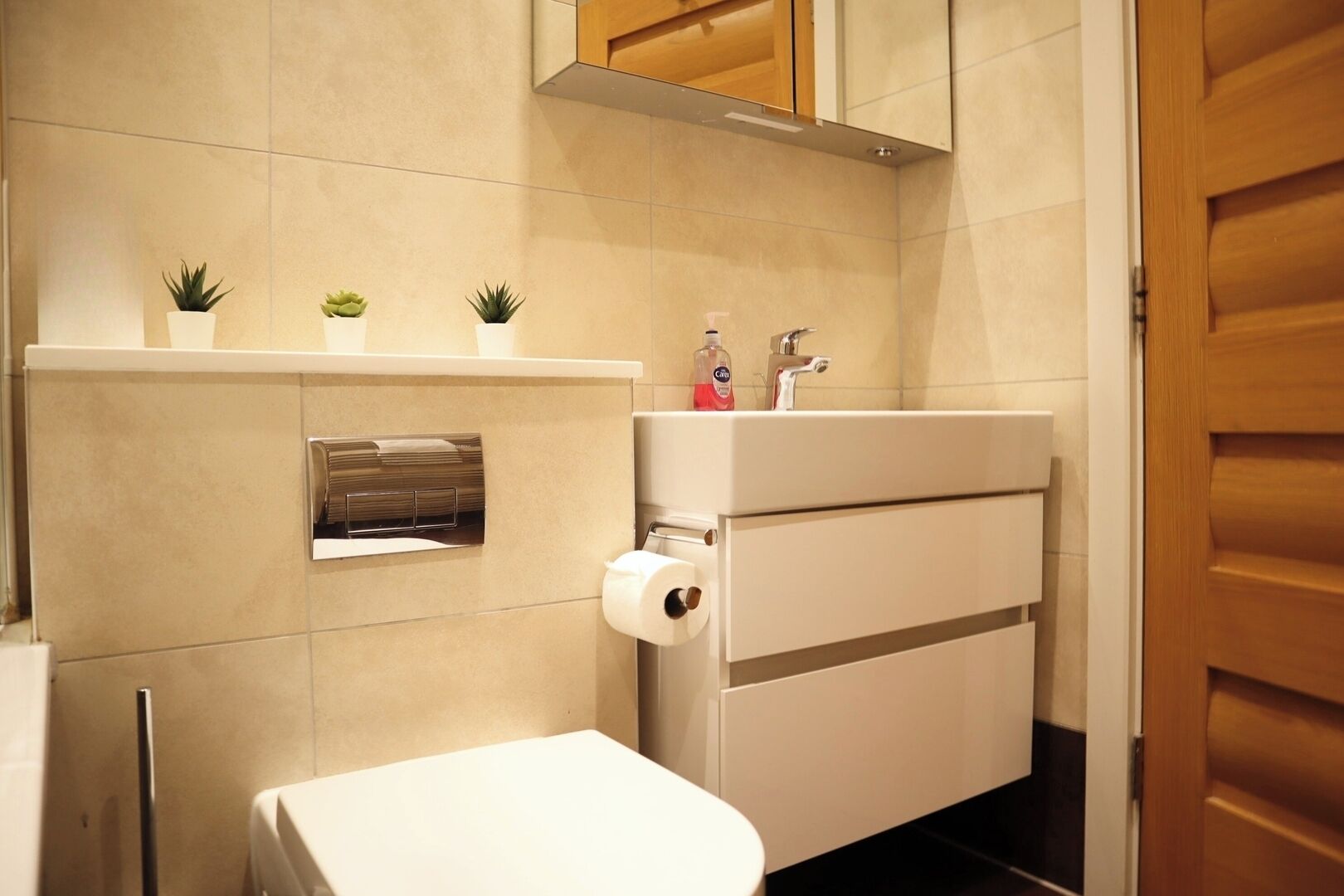 Un baño pequeño con inodoro, lavamanos y un estante con plantas.