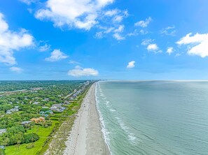 A coastal view with a beach, ocean, and a residential area with houses and greenery.