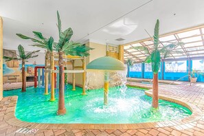 Un área de piscina interior con fuentes, palmeras y una sección cubierta con vistas.