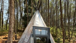 A transparent pyramid-shaped structure with a viewing platform, set in a forested area. - Regan Luxcamp by Digihub Hospitality (Pangalengan)
