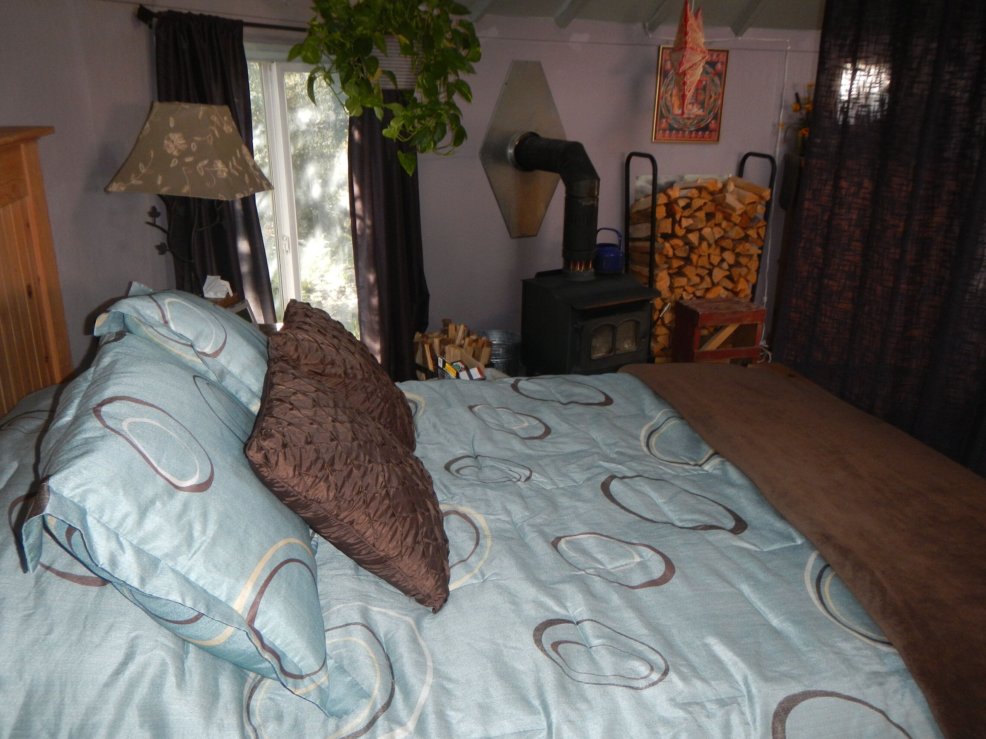 A bedroom with a bed, a window with curtains, a plant, a fireplace, and a chair with a stack of firewood.