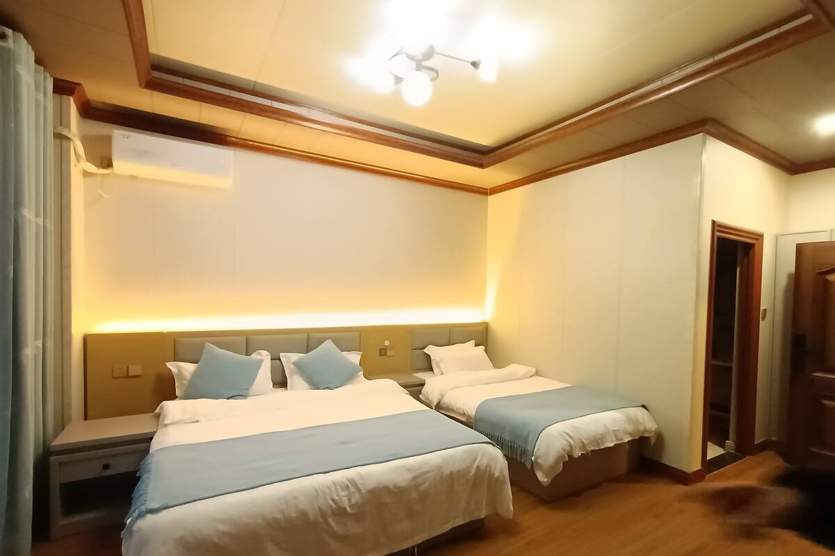 A hotel room with two beds, wooden flooring, a ceiling light fixture, and a door.