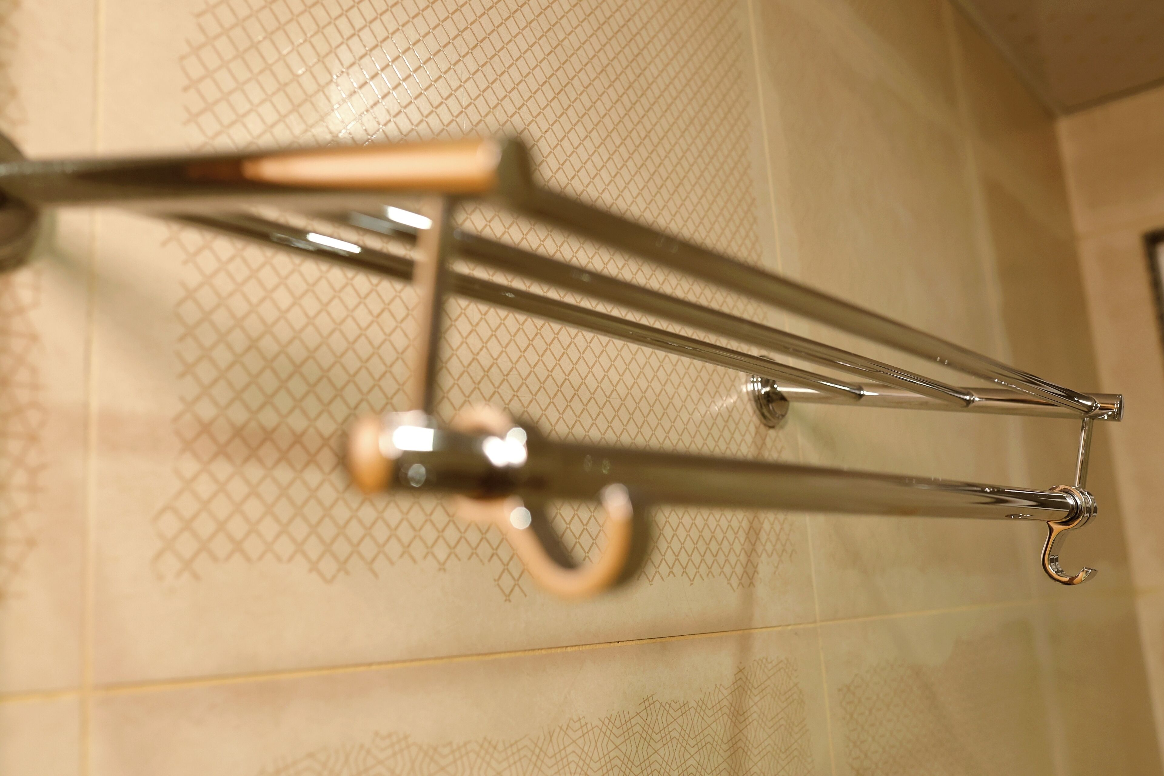 A bathroom with a towel rack and a shower head.