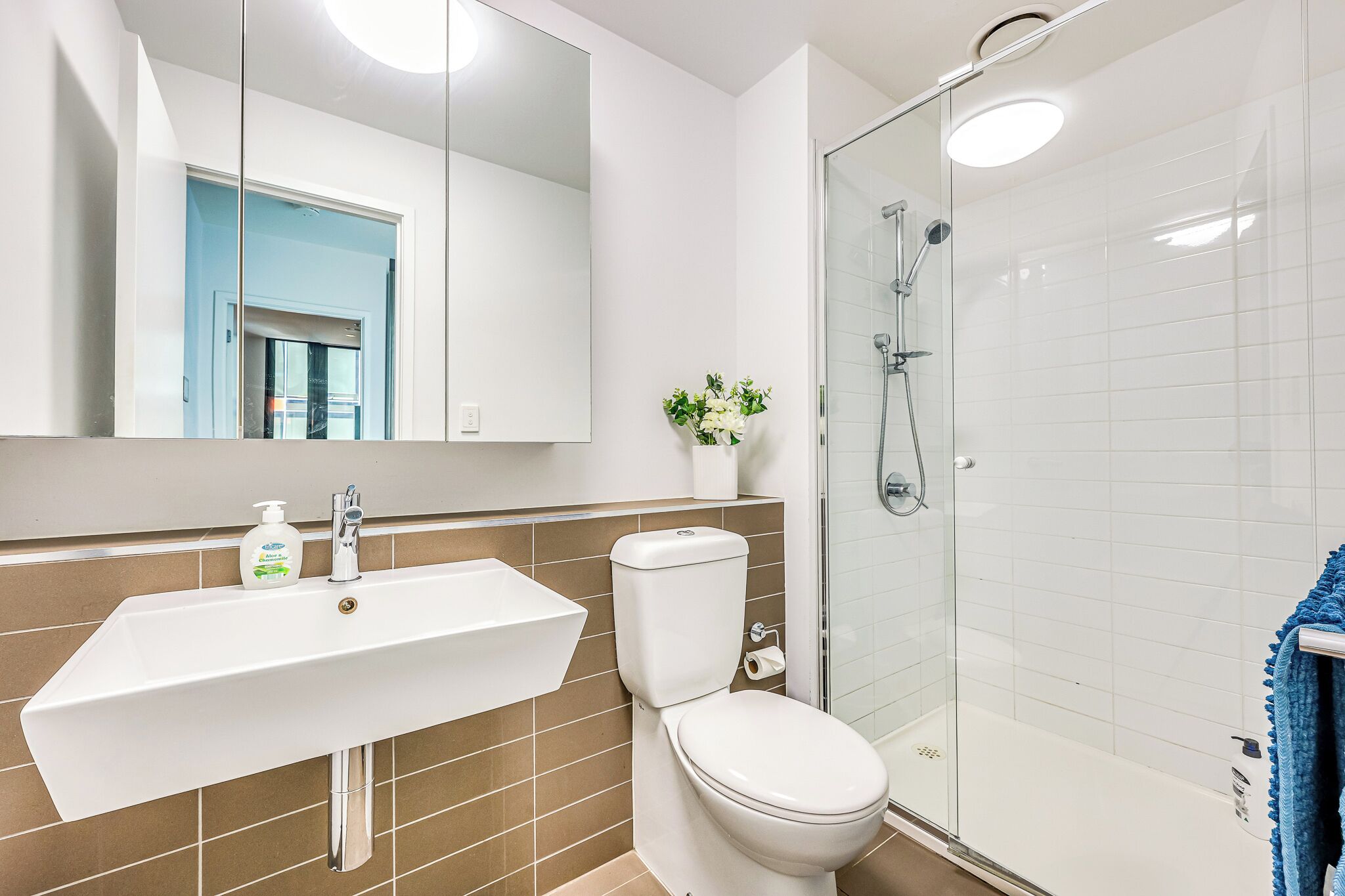 A modern bathroom with a white sink, toilet, and glass shower enclosure.