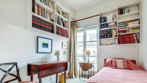 A room with a bed, a desk, a chair, a bookshelf, and a window with curtains. - The Persian Lady Latin Quarter by Mon Petit Faré (Paris)