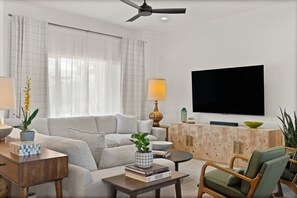 Smart TV, fireplace, books, stereo