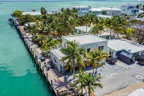 A coastal property with a dock, multiple buildings, and palm trees.