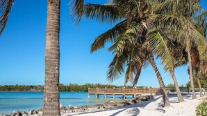Een strand met palmbomen, helderblauw water en een houten steiger.