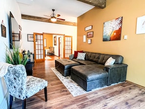 Smart TV, fireplace, books