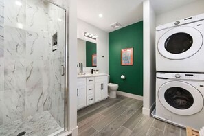 Eco-friendly toiletries, hair dryer, towels