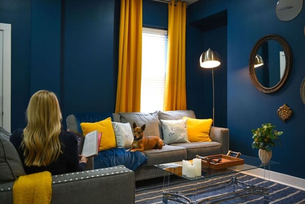 A living room with a sofa, a coffee table, and a dog.