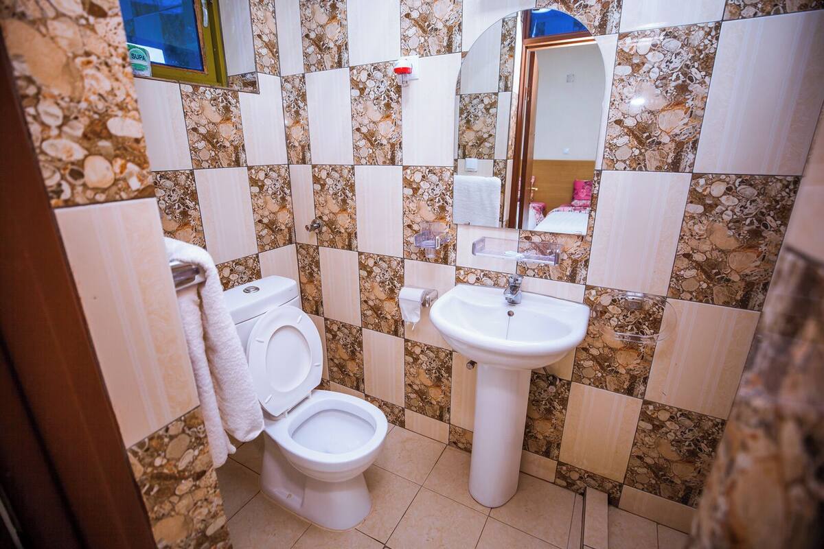 Une salle de bain avec des toilettes, un lavabo et un miroir.