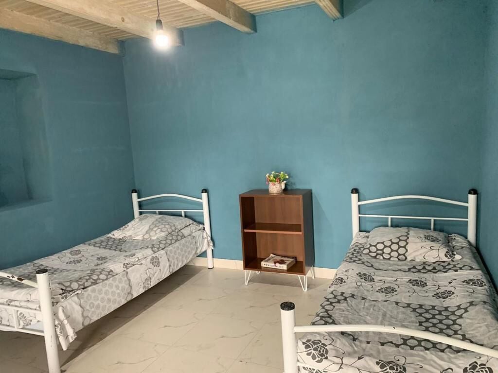 A bedroom with two single beds, a nightstand with a plant, and a light fixture on the ceiling.
