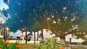 A park with outdoor seating and a view of the sea. - Genari Beach Apartments -Family sea view apartment (Leventochori)