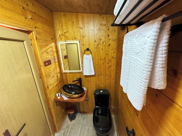 A compact wooden bathroom with a sink, toilet, and mirror. - NIka Hotel and Club (Chanchkhalo)