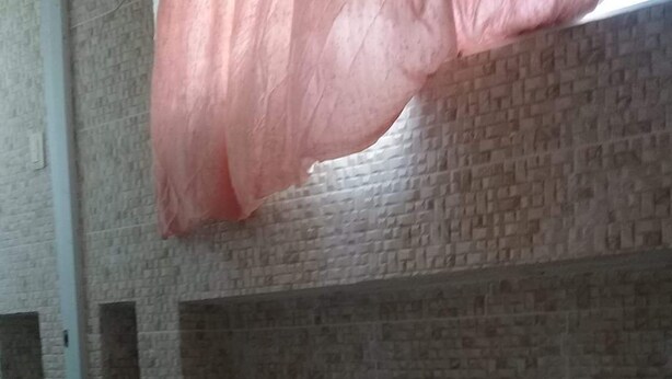 Una cama con ropa blanca en una habitación con pared de ladrillo y dosel rosa.