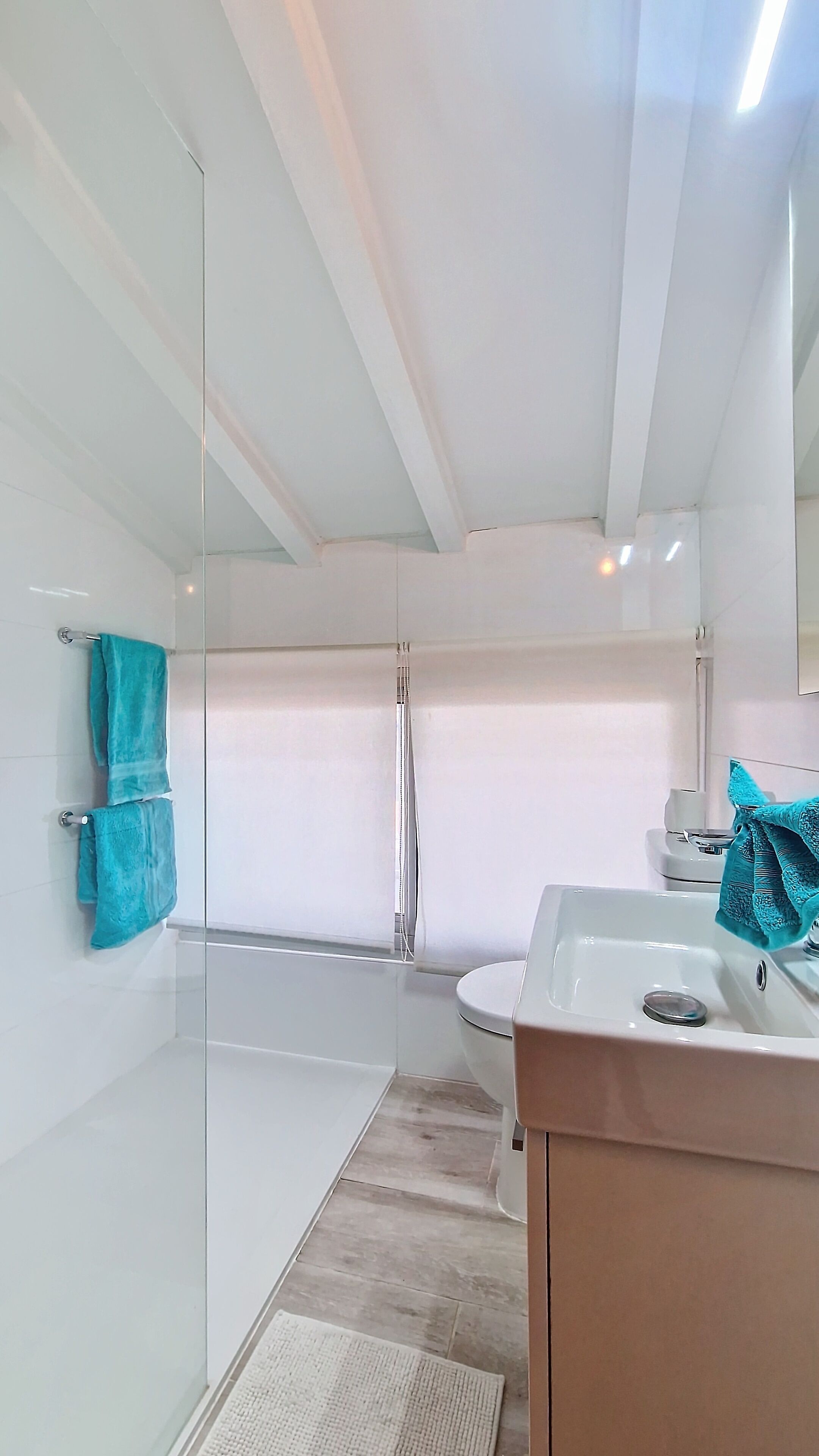 A modern bathroom with a glass shower enclosure, a white sink, and a toilet.
